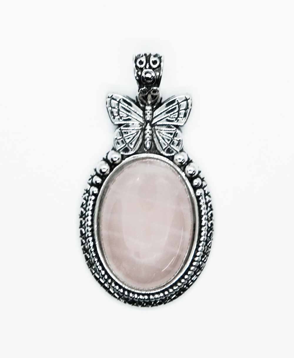 Pendant B/fly Oval Rose Quartz