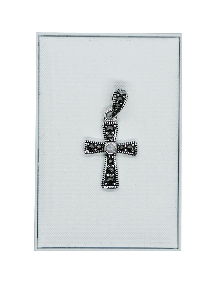 Silver Pendant Marcasite Cross Opal