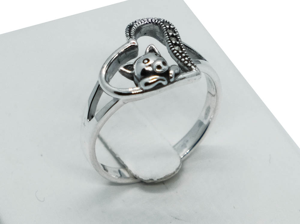 Silver Ring Marcasite Heart Bear