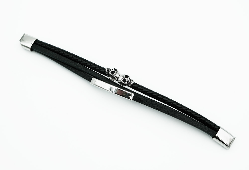 Leather Bracelet Steel Skulls