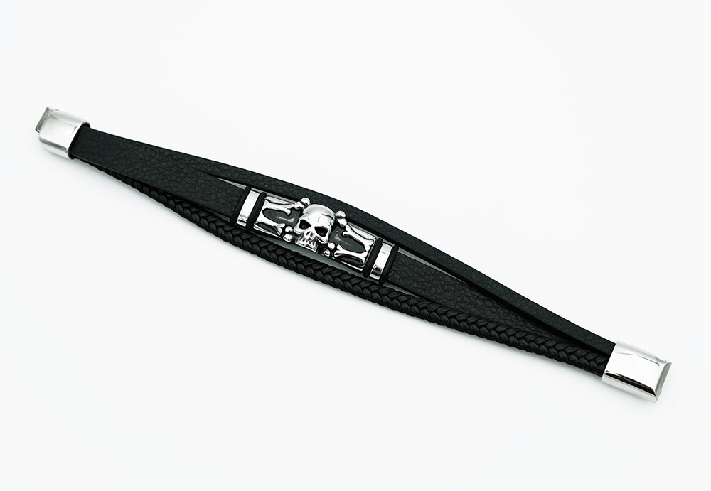 Leather Bracelet Steel Skull