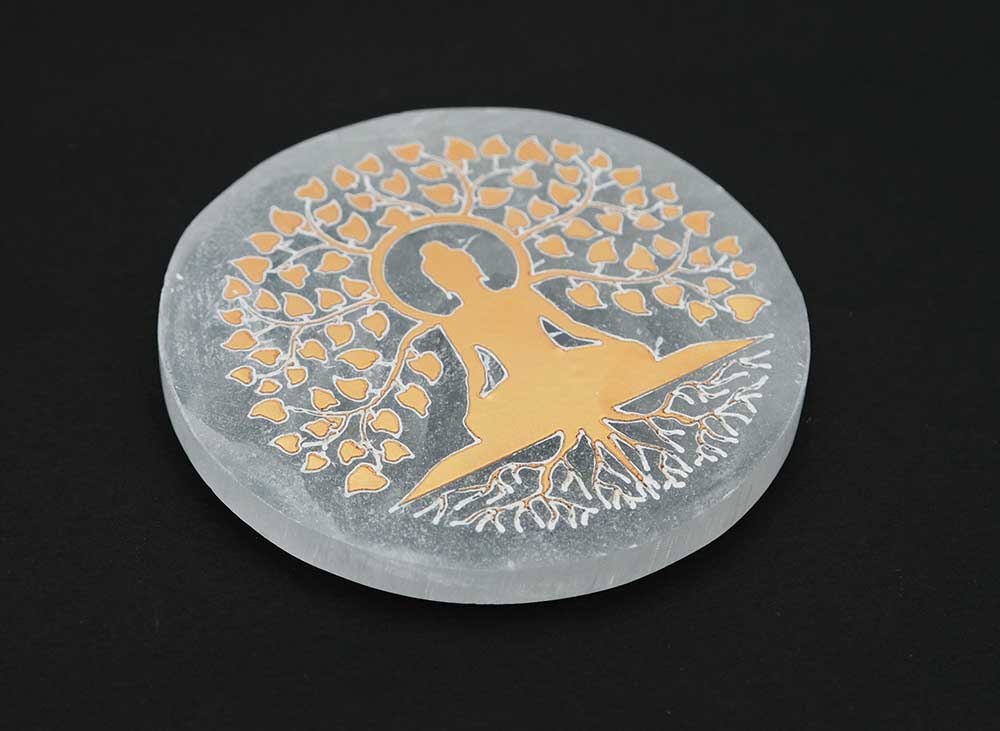 Selenite Disc Gold Buddha 10cm